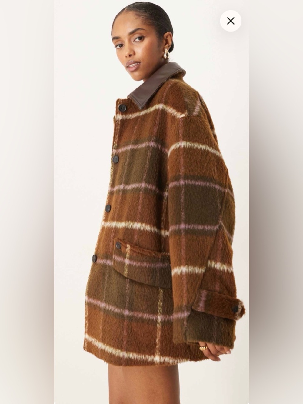 ASOS DESIGN Oversized leather look collar jacket in brown check. NWT